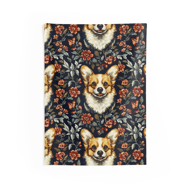 Autumn Blooms Corgi Wall Tapestry