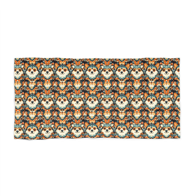 Autumn Folk Corgis Beach Towel