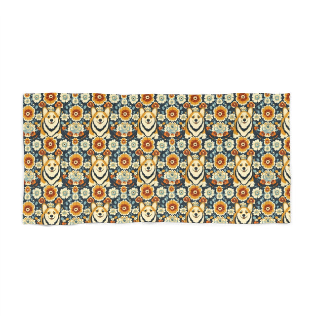 Autumn Garden Corgis Beach Towel