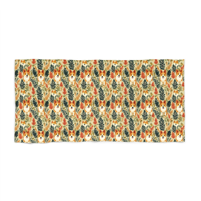 Autumn Meadow Corgis Beach Towel
