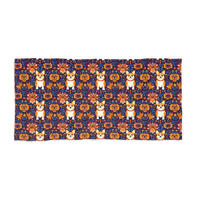 Folk Festival Corgis Beach Towel