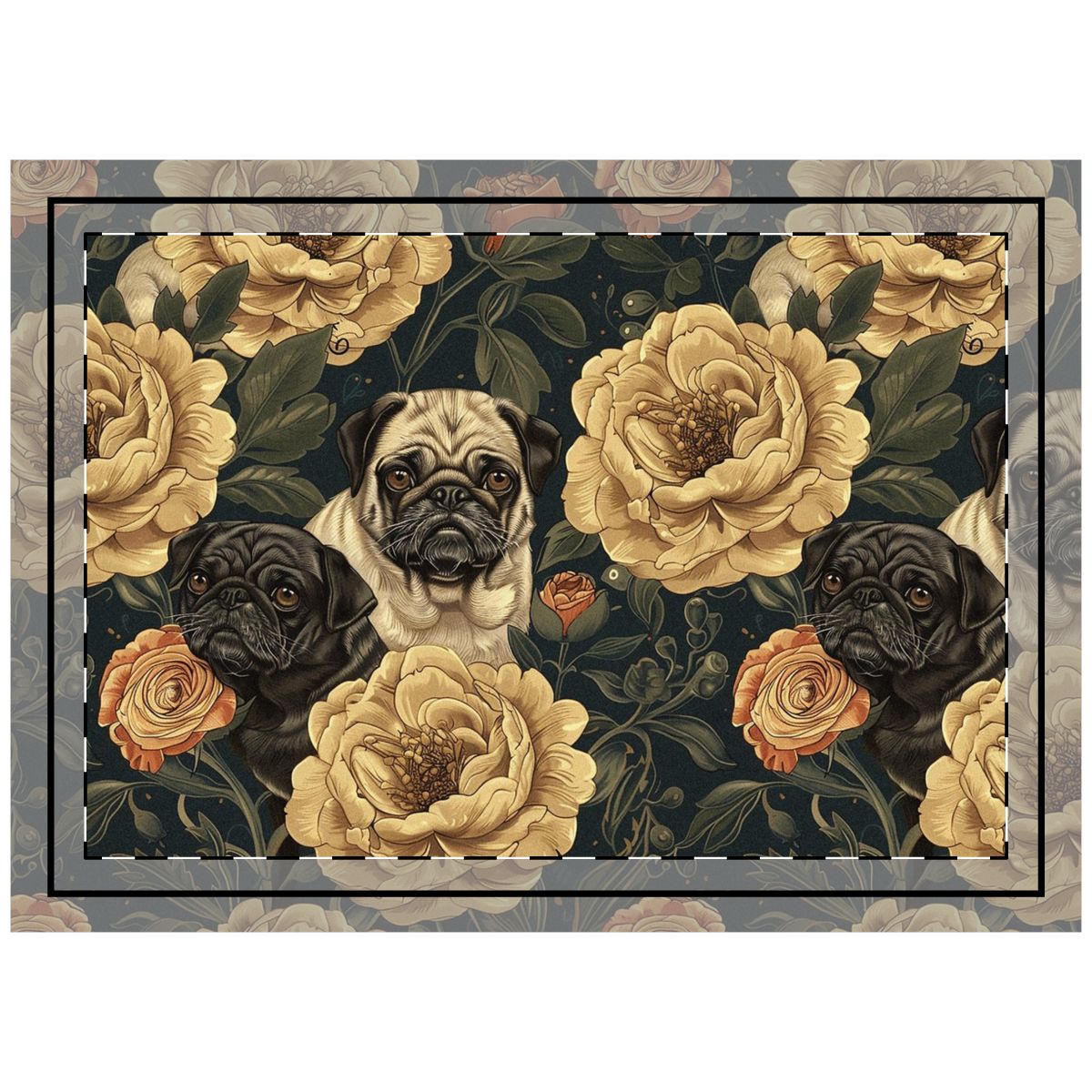 Golden Blooms Pugs Throw Pillow