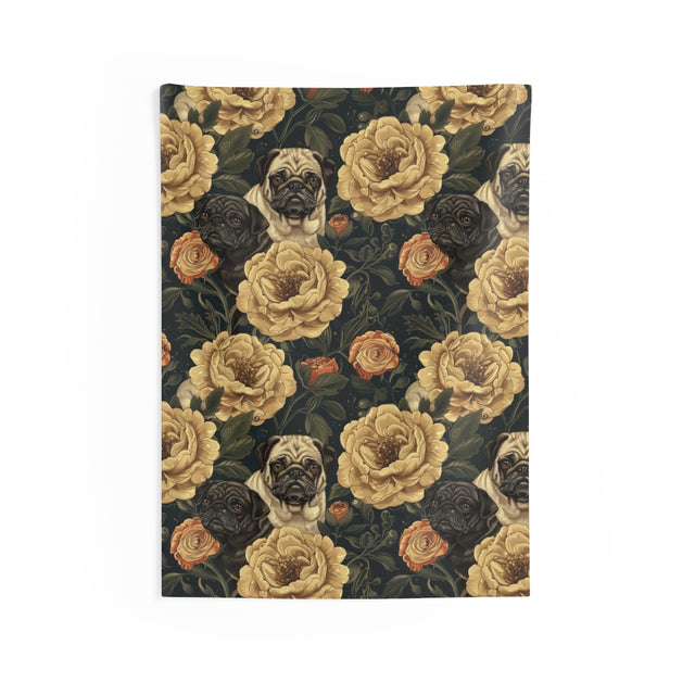 Golden Blooms Pugs Wall Tapestry