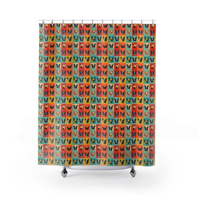 Rainbow Frenchie Grid Shower Curtain